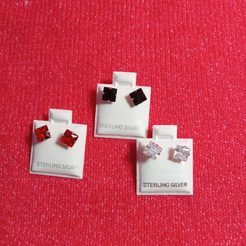 925 Sterling Silver lot of 3 Stud Earrings With Cubic‎ Zirconia Mens Womens